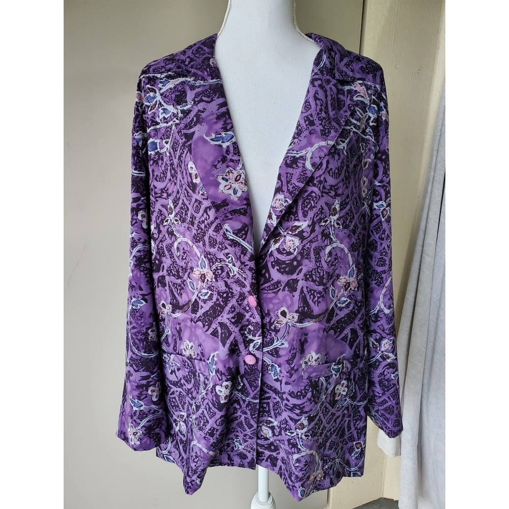 Graff Californiawear Blazer Jacket Women 18 Purple Black Gray Floral Pockets VTG